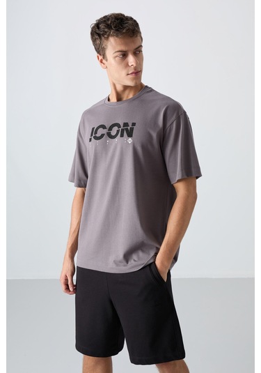 Tommy Life Koyu Gri Pamuklu Kalın Yumuşak Dokulu Oversize Fit Baskılı Erkek T-shirt - 88331 Koyu Gri