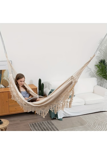 Tcherchı Bohem Tarzı Püsküllü Hamak Veranda, Bahçe, Plaj İçin Beyaz