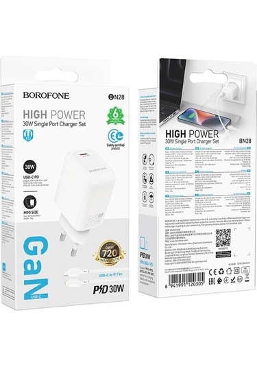 Borofone Bn28 Fuente Tek Portlu Pd30w Şarj Cihazı 1m Tip-c İle 8 Pinli Kablo, Fiş Tipi: Ab Fiş Beyaz Beyaz