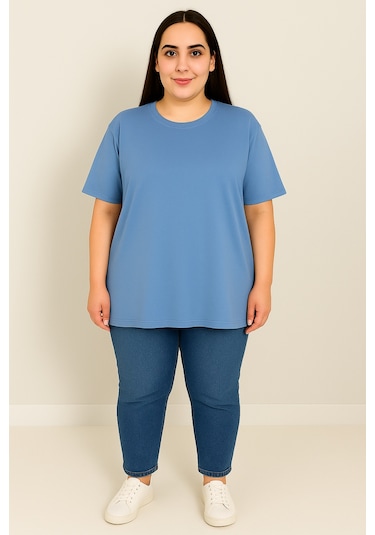 Koza Butik Kadın Büyük Beden Kısa Kollu Basic Oversize T-shirt 1976-25 Siyah