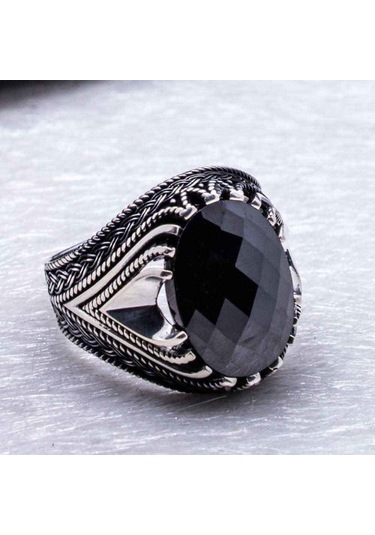 925 Ayar Gümüş Fasetli Siyah Taşlı Erkek Yüzük Gümüş