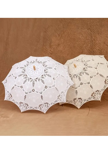 Atay Garage Şemsiye 80-65cm Ebatlarında Büyük Vintage Dantel İşlemeli Beyaz Şemsiye Bej - Krem