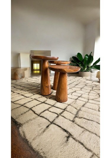 Wood Ahşap 3 Lü Set Konik Mantar Yan Sehpa Boğumlu Model / Açık