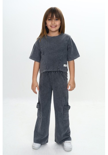 Toontoy Kız Çocuk Yıkamalı Crop Eşofman Takım Füme Melanj