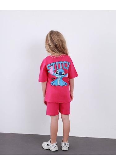 Miniko Kids Kız Çocuk Stitch Modelli Pamul Şortlu Takım Fuşya