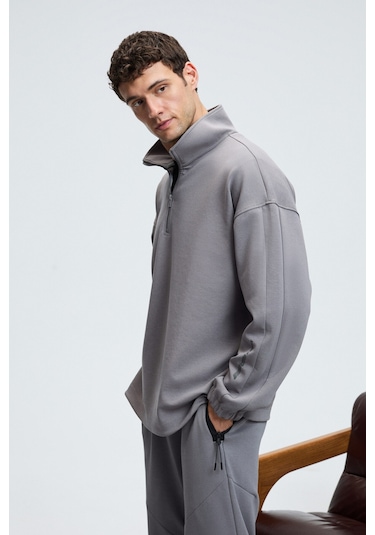 Grimelange EDISON Erkek Yarım Fermuarlı Kolu Baskılı Dik Yaka Koyu Gri Sweatshirt