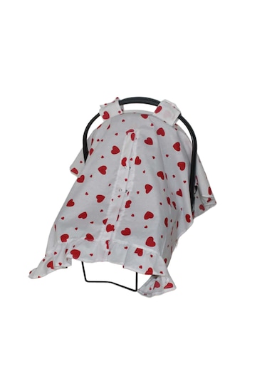 Bebek Puset Örtüsü Kalpli Puset Örtüsü Pamuklu Kumaş Fırfır Detay Çıt Çıtlı Puset Örtüsü Beyaz - Kırmızı