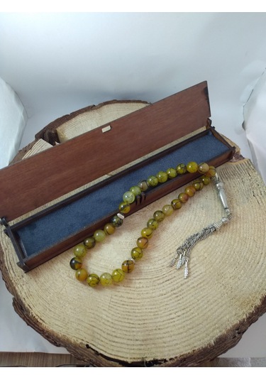 Yeşil Damarlı Akik Taşı Tespih Ahşap Kutulu / 10 MM Doğaltaş Tesp