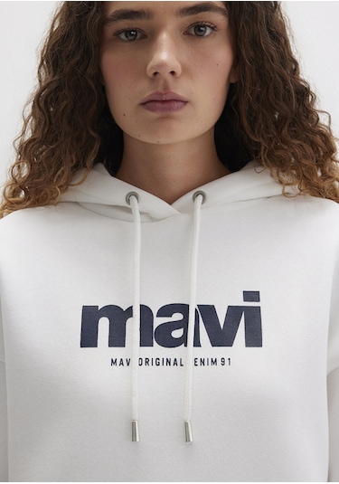 Mavi - Mavi Logo Baskılı Kapüşonlu Ekru Sweatshirt 168334-81964 Beyaz