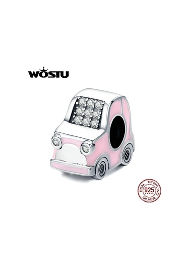 Wostu Güzel 100% 925 Ayar Gümüş Pembe Araba Boncuk Zirkonya Charm Fit Orijinal Bilezik Kolye Pembe