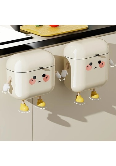 Honeybeeshop Sevimli Çizgi Film Tasarımlı 9l Asma Mutfak Çöp Kutusu Duvar Montaj Büyük Kapasiteli Koku Saklayan Su Geçirmez Plastik 10l Siyah