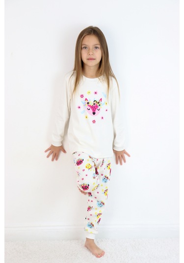 Kız Çocuk Orta Kalınlıkta Basic Baskılı Pijama Takımı Ekru