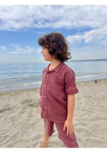 Cigit Kolları Nakışlı Gömlek Şort Keten Takım 2-7 Yaş Mürdüm Mürdüm