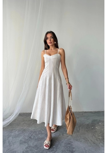 Simli Çizgili Askılı Elbise Midi Boy - Kahverengi Kahverengi