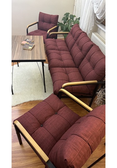 Modern Modern Style Home Uzungöl Balkon, Bahçe, Cafe - Metal Kanepe Koltuk Takımı - 3+1+1+masa Bordo Modern3b Bordo