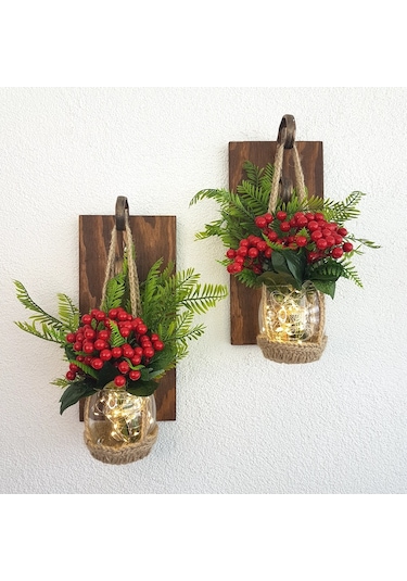 Duvar Dekoru, Led Işıklı, Kokina Yılbaşı Çiçeği, Ceviz Aplik İkili Set