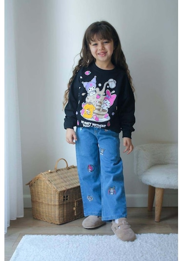 Kız Çocuk Kuromi Modelli Kot Pantolon Nakışlı 2li Takım Siyah