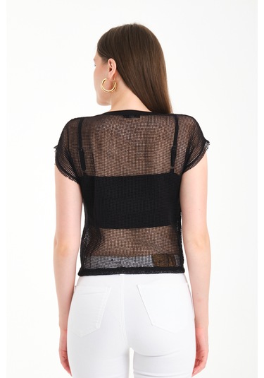 Japone Kol Kare File Bluz Siyah