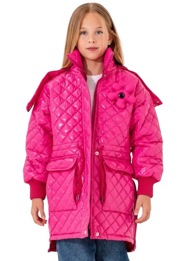 Kız Çocuk Kapitone Model Kapüşonu Çıkabilen İçi Astarlı Etek Kısmı Fermuarlı Parlak Pembe Renk Mont Pembe