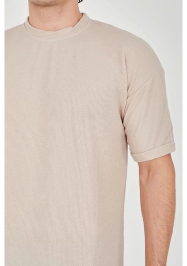 Unisex Waffle Kumaş Rahat Kol T-shirt - Bej Bej