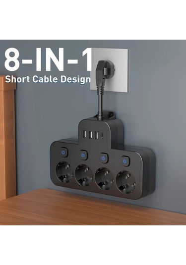 Xuweiwei 8li Güç Şeridi Siyah 4 Ac Çıkış 3 Usb Bağlantı 1 Tip-c Kompakt Duvara Monte Edilebilir Ofis Ev Seyahat İçin Avrupa Standart Fiş