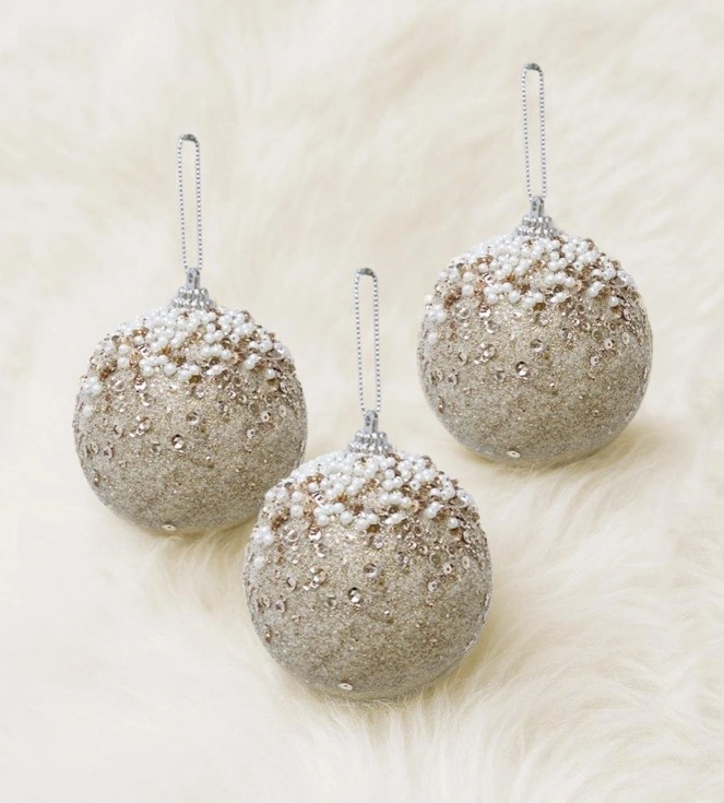 Lüks Yılbaşı Topu 8cm İncili Pullu 3lü Şampanya Ast7252