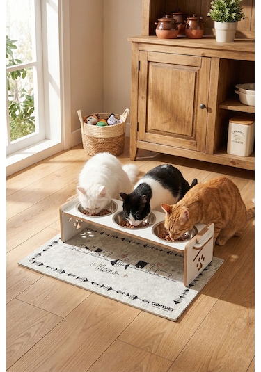 Ahşap Üç Gözlü Ayarlanabilir Kedi-köpek Mama Ve Su Kabı