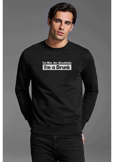 I'Am A Drunk Baskılı Siyah Erkek Örme Sweatshirt