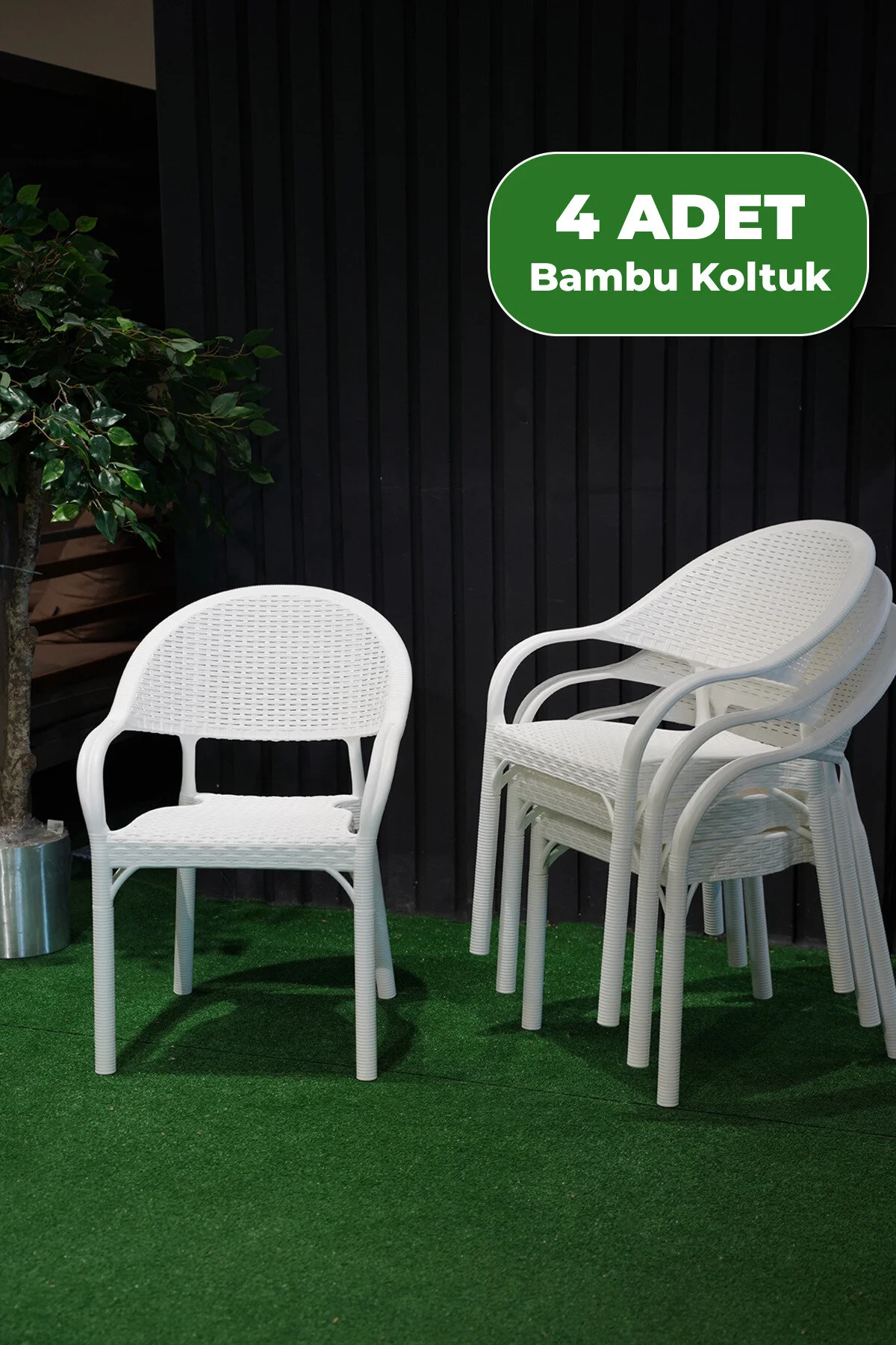 Alezy Bambu Rattan Kollu Koltuk 4 Adet Beyaz