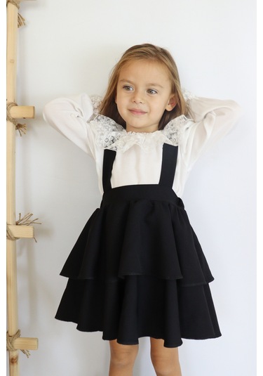 Kız Çocuk Helen Askılı Kat Kat Bağlama Jile Elbise Dantel Detay Uzun Kollu Bluz Takım Siyah