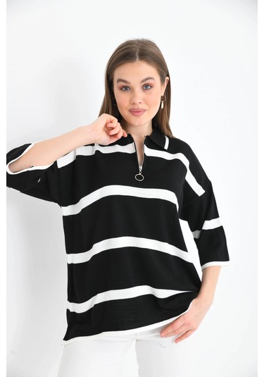 Polo Yaka Fermuarlı Çizgili Salaş Mevsimlik Trko Kazak Siyah