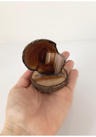 Doğal Taş Plaka Akik Kahverengi Ahşap Standlı Dekoratif Obje Biblo