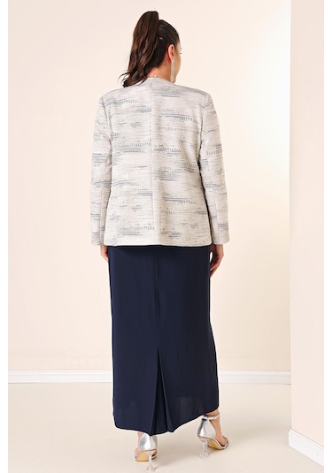 Kolsuz Uzun Elbise Taş Detaylı Jakarlı Büyük Beden Astarlı 2'li Takım-35344-lacivert Lacivert