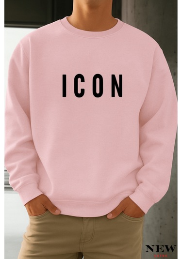 Icon Baskılı Bisiklet Yaka Sweatshirt Pembe