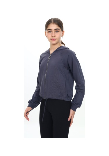 Toontoy Kız Çocuk Komple Kalp Baskılı Kapüşonlu Hırka Füme