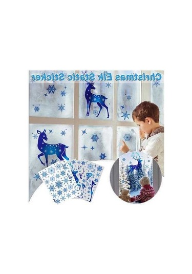 Pazly 5 Yaprak Noel Dekorasyon Çıkartması Cam Pencere Mavi Elk Statik Süsler 20x30cm 5pcs-05