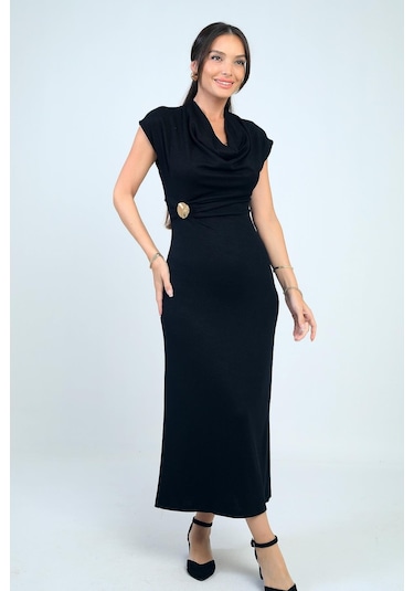 Kadın Degaje Yakalı Toka Detaylı Likralı Uzun Elbise-41755 Siyah