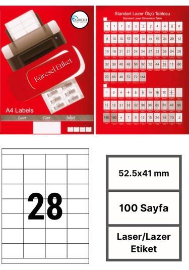 Laser Etiket 52.5x41 Mm No: 28 5 Paket 100 Sayfa Lazer Etiket 1
