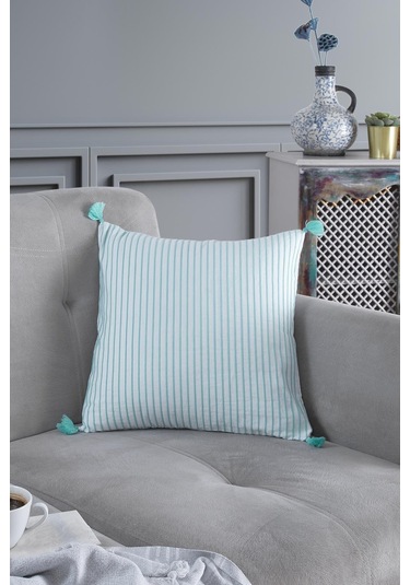 Maisonart Pompoms 2'li Dekoratif Kırlent Kılıfı Yastık Kılıfı %100 Pamuklu 44x44 Cm Mint
