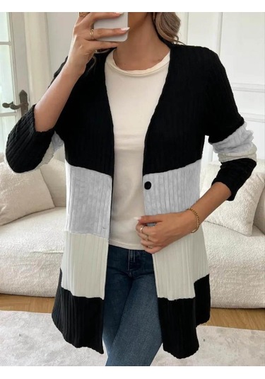 Kadın Uzun Kollu Çok Renkli Önden Düğmeli Uzun Ceket Siyah