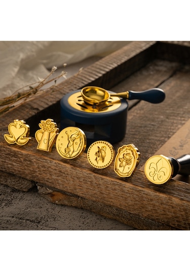 Xindoker 6'li Antik Mühür Seti - Geyik Desenli Mum Mühür Kiti Sap + 6 Başlık + Mum Eritme Kabı + Kaşık + Mum