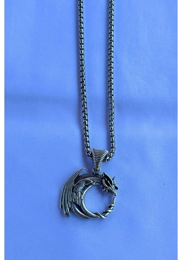 Kanatlı Ejderha El İşçiliği Paslanmaz Çelik Zincir Erkek Kolye Gümüş