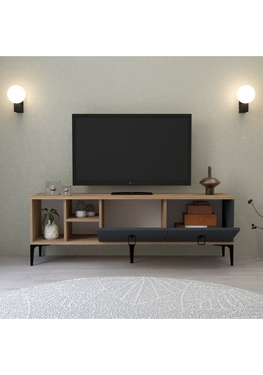 3505 Era Tv Ünitesi 150 Cm Kapaklı Raflı Antrasit - Sepet Tv Sehpası Antrasit - Sepet