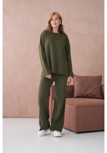 Kadın Bisiklet Yaka Düşük Kol Kazak Pantolon İkili Triko Takım Haki