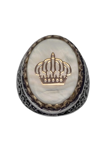 Regal Ve Sembolik Erkek 925 Ayar Gümüş Yüzük - Taç Sembolü Ve Doğal Taşlarla Süslenmiş Gümüş