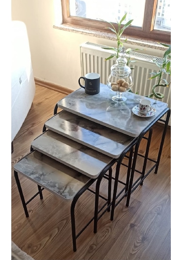 Milano 3d Parlak Sunta Metal Statik Siyah Ayaklı 4'lü Zigon Sehpa Üreticiden E1 Tse Mermer