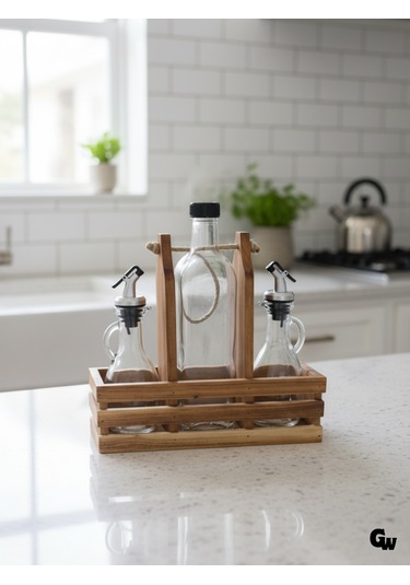 Ahşap Doğal 3lü 2+1 Set Yağdanlık Ve Sosluk Takımı Set Kiraz 1 Set Ahşap