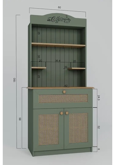 Lucas 2 Kapaklı Çekmeceli Pvc Hasır Desen Kahve Köşesi & Çok Amaçlı Mutfak Dolabı-açık Ceviz & Yeşil Yeşil