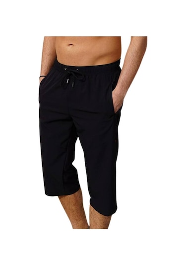 Siyah Diz Altı Uzun Model Su İtici Özellikli Likralı Esnek Kumaş Erkek Plaj Deniz Kapri Şort - 941-siyah 001
