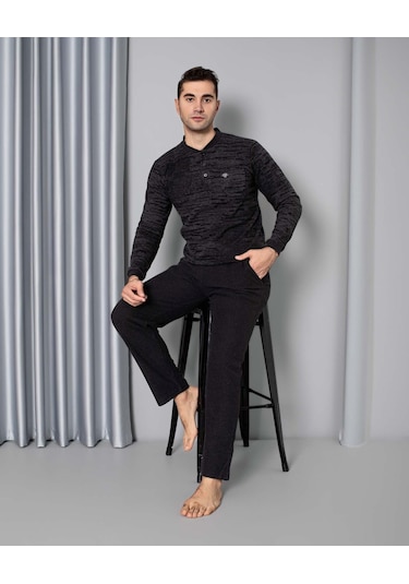 Erkek 3 Düğme Uzun Göğüs Cepli Selanik Kumaş Kışlık Cepli Pijama 001